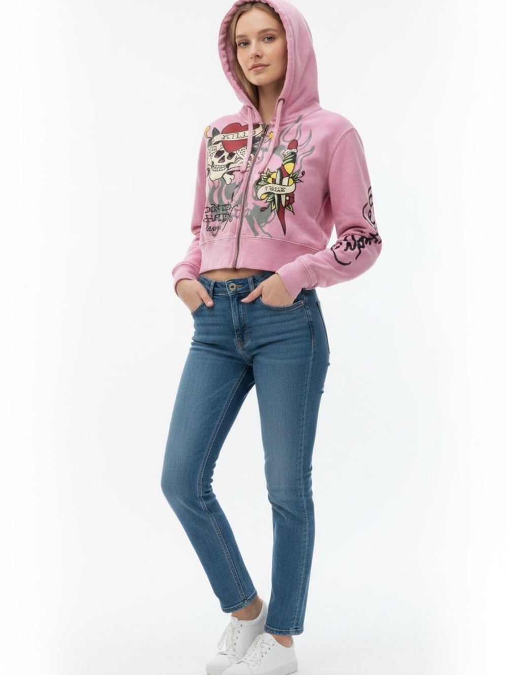 Ed Hardy Pink Cropped Zip-Up Hoodie XS Love Kills Slowly Tiger Y2K
